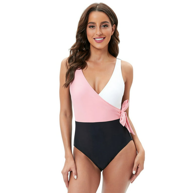 Swimsuits for Women V Neck Color Block Wrap One Piece Swimsuits Bowknot  Swimwear 