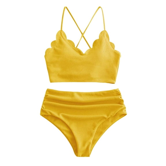 Swimsuits for Women,Women Crisscross Back Solid High Waist Rib Bikini Set Two Piece Swimsuit Yellow M(M)