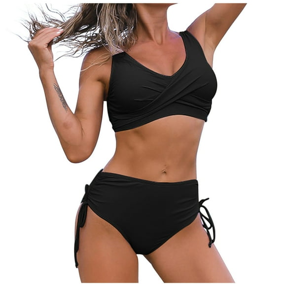 Swimsuits for Women,Women Two Piece Soild Backless Halter Beach Bikini Swimwear Set Black 6(M)