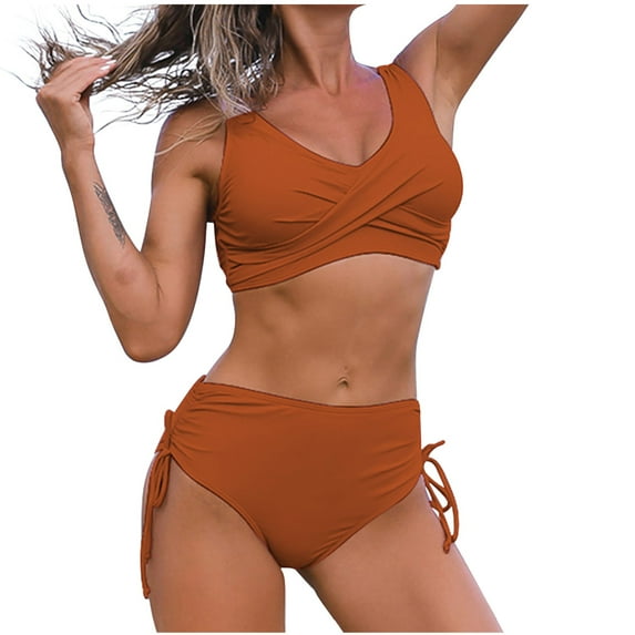 Swimsuits for Women,Women Two Piece Soild Backless Halter Beach Bikini Swimwear Set Orange 12(XXL)