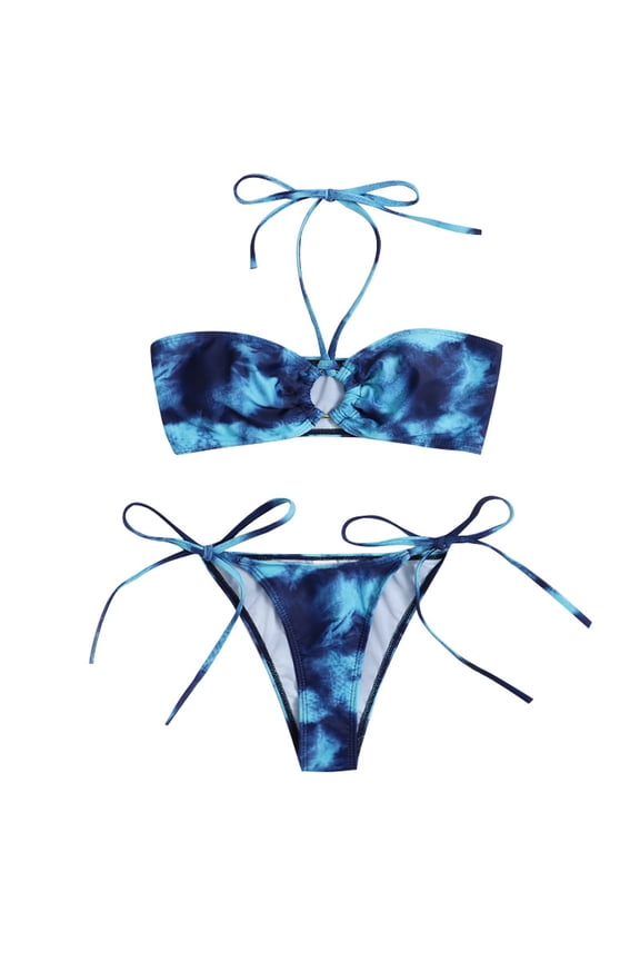 Swimsuits for Women,Women's Split Tie-Dye Print Bikini Swimsuit with Underpants Open Back Swimwear Blue 0-2(S)