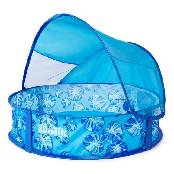 Swimways Elite Pop-Up Above Ground Pool, Baby Pool with Canopy & Carrying Case, Foldable Pool for Kids Aged 9-24 Months, Measures 32", Blue