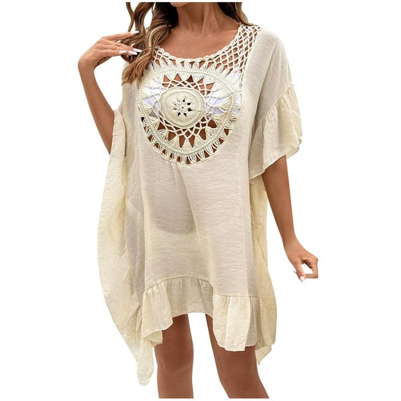 Swimwear Cover Up for Women Loose Casual Round Neck Short Sleeved Hollow Out Cover Shirt Beach Beach Vacation Cover Shirt