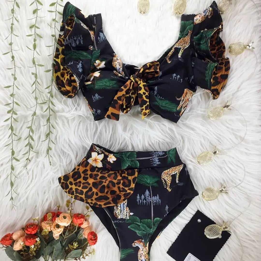 GETADME Cutenew Halter Women Mini Dresses Colorful Printed Low Swinging Neck Shirring Backless Ruffle Vestidos Mujer Aesthetic Bodycon