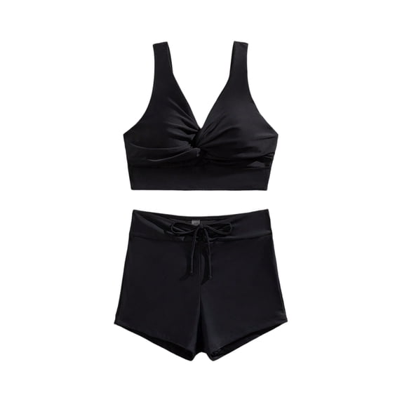 Swimwear Tankini for Women Modest Two Piece V-Neck Twist Front Full Coverage Boyshorts for Beach Black S