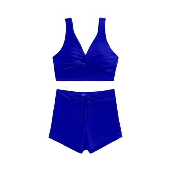 Swimwear Tankini for Women Modest Two Piece V-Neck Twist Front Full Coverage Boyshorts for Beach Royal Blue S