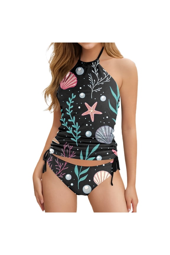 Swimwear Tankini for Women Various Patterns Printed 2 Piece Beach Vacation Essentials,Black,M