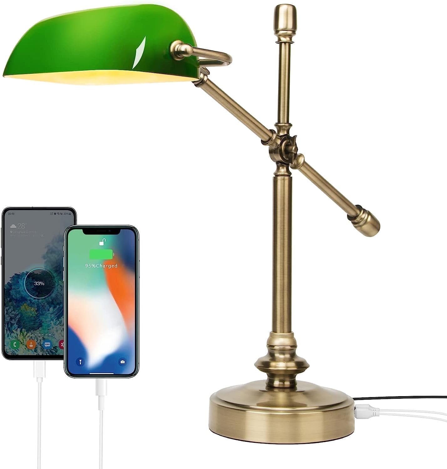 Swing Arm Desk Lamp Dimmable with USB Port, Adjustable Touch Control Vintage  Desk Lamp 3 Color Modes, Brass Metal Desk Lamp, Retro Style Reading Light  for Home Office Desk Bedside Table -, image size:1428x1500