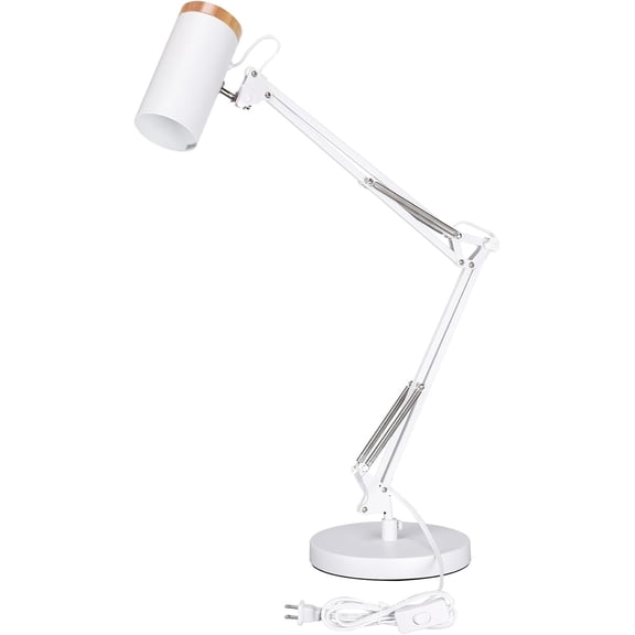 Swing Arm Desk Lamp with Wooden Accent, Adjustable Height Up to 31", E26 Base Metal Task Light with On/Off Switch for Reading, Study, and Workbench, Orange Finish