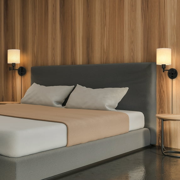Swing Arm Wall Lamps Set of 2, Plug in Wall Light, Modern Bedroom Wall Sconce Fixtures with Linen Lampshade for Reading Hallway Living Room