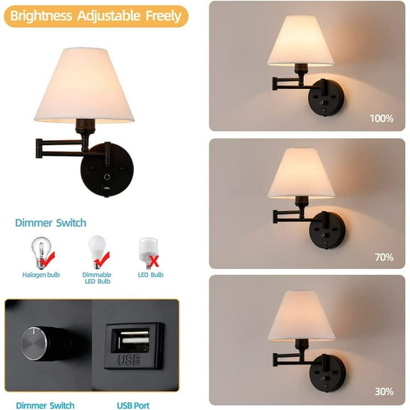 Swing Arm Wall Sconces, Plug-in Wall Lamp with Dimmable Switch and USB Charging Port - Black Fabric Shade for Bedroom, Living Room, Reading