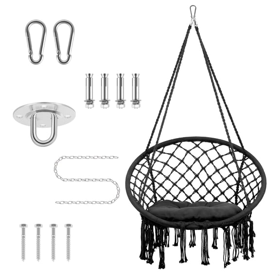 Swing Chair, Sturdy 330 lb Rating, Hand Woven Knots, Black Hammock Swing Chair, Macrame Swing Seat, For Camping, Lounge, Cabin