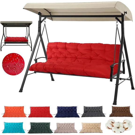 Swing Cushions Replacement, 2-3 Seat Outdoor Waterproof Porch Swing Cushions, Thickened 4-Inch  Cushions with Backrest and Ties for Outdoor Patio Porch Garden Swing Cushions (Red, 47x40in)