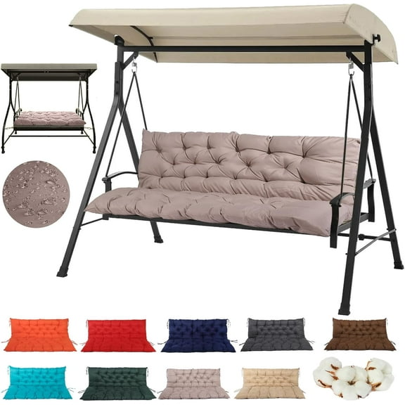 Swing Cushions Replacement, 2-3 Seat Outdoor Waterproof Porch Swing Cushions, Thickened 4-Inch  Cushions with Backrest and Ties for Outdoor Patio Porch Garden Swing Cushions (Khaki, 47x40in)