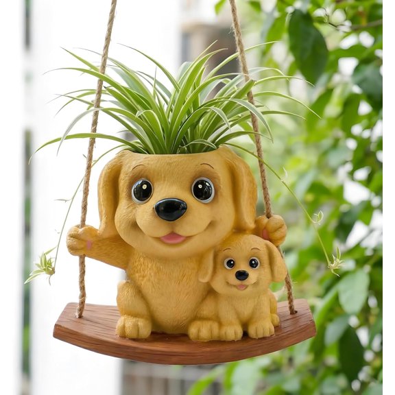 Swing Dog Hanging Planters for Indoor Plants, Cute Small Succulent Pots with Drainage Hole, Unique Resin Plant Hangers Outdoor, Hanging Plant Holder for String of Pearls