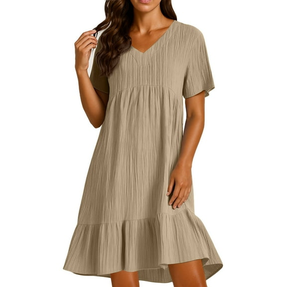 Swing Dresses for Curvy Women Trendy V Neck Cotton Linen Short Sleeve 2025 Shirt Dresses Knee Length Ruffle Tiered Layered Western A-Line Dresses Khaki 3XL