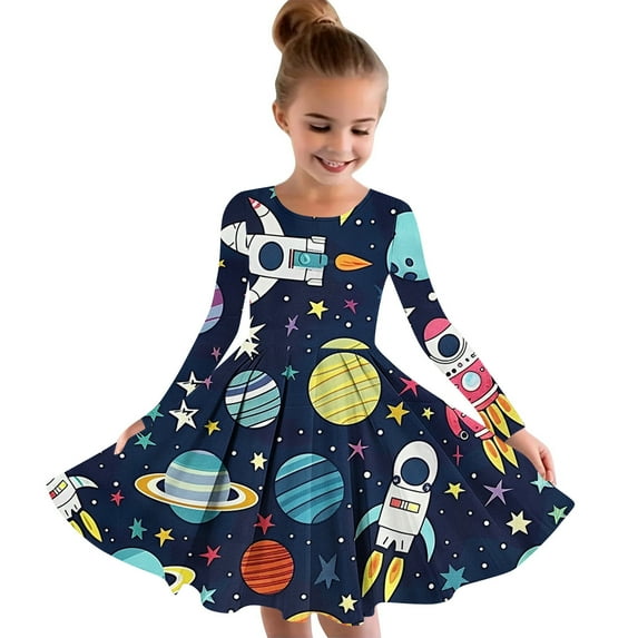 Swing Dresses for Girls 2024 Cute Printed Long Sleeve A Line Twirly Dress Pullover 4-14 Years Old Girl's Outfits Navy 13-14 Years