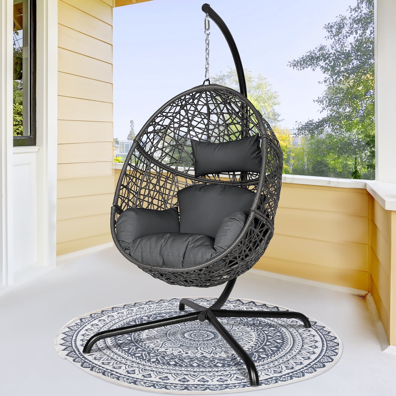 Swing Egg Chair Bird Nest Cage Chair with Stand Comfortable Cushion Indoor Outdoor Rattan Design with Sturdy Metal Frame Water/UV-Resistant 450lbs Capacity Dark Gray