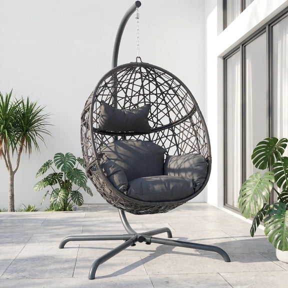 RADIATA Hanging Egg Chair with Stand, Oversized Indoor Outdoor Rattan Swing Chair, 350 lbs Bird Nest Basket Seat, Padded Wicker Egg Chair for Patio Balcony Porch, Dark Gray