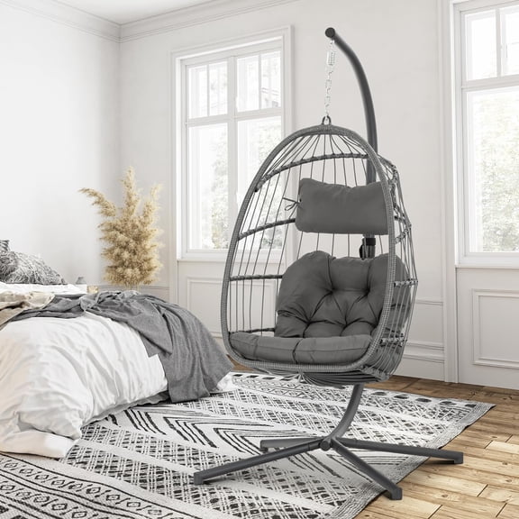 Swing Egg Chair, Hammock, Hanging Chair, Aluminum Frame and UV Resistant Cushion with Steel Stand, Indoor Outdoor Patio Porch Lounge Bedroom Hand Made Wicker Rattan, 350LBS Capacity