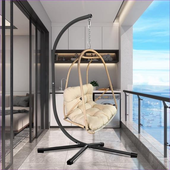 Swing Egg Chair | Indoor Outdoor Patio Use, with Stand, Cushion & Cup Holder | Rattan+Metal | Beige+Brown