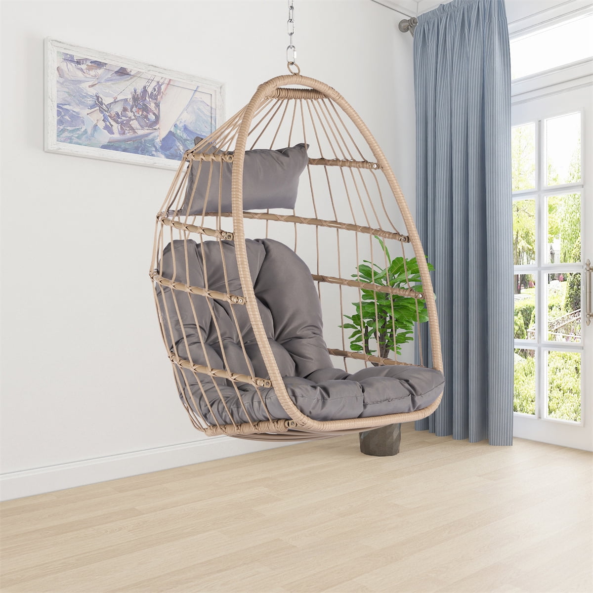 Acme furniture vasant grey fabric synthetic online wicker metal patio swing chair with stand