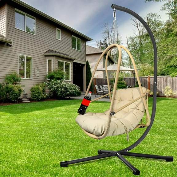 Swing Egg Chair With Stand Foldable Frame Hanging Chairs for Indoor Outside,with UV Resistant Waterproof Cushion and Cup Holder ,Swing Hammock Chairs for Patio,Bedroom,Balcony, Garden-Khaki