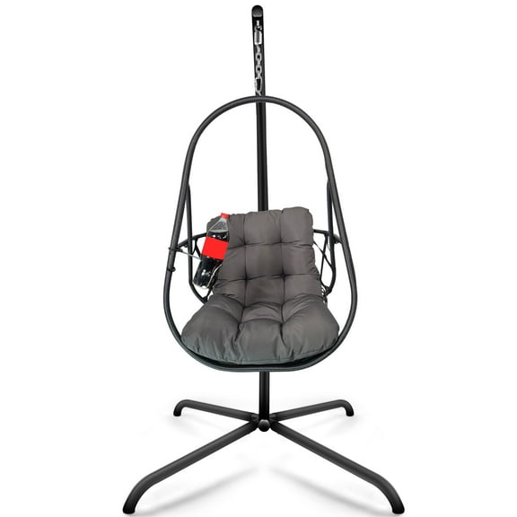 Swing Egg Chair with Stand - Modern Minimalist Hanging Chair, UV Resistant Cushion & Anti-Rust Steel Frame, 350lbs Capacity with Safety Guardrail + Unique Cup Holder