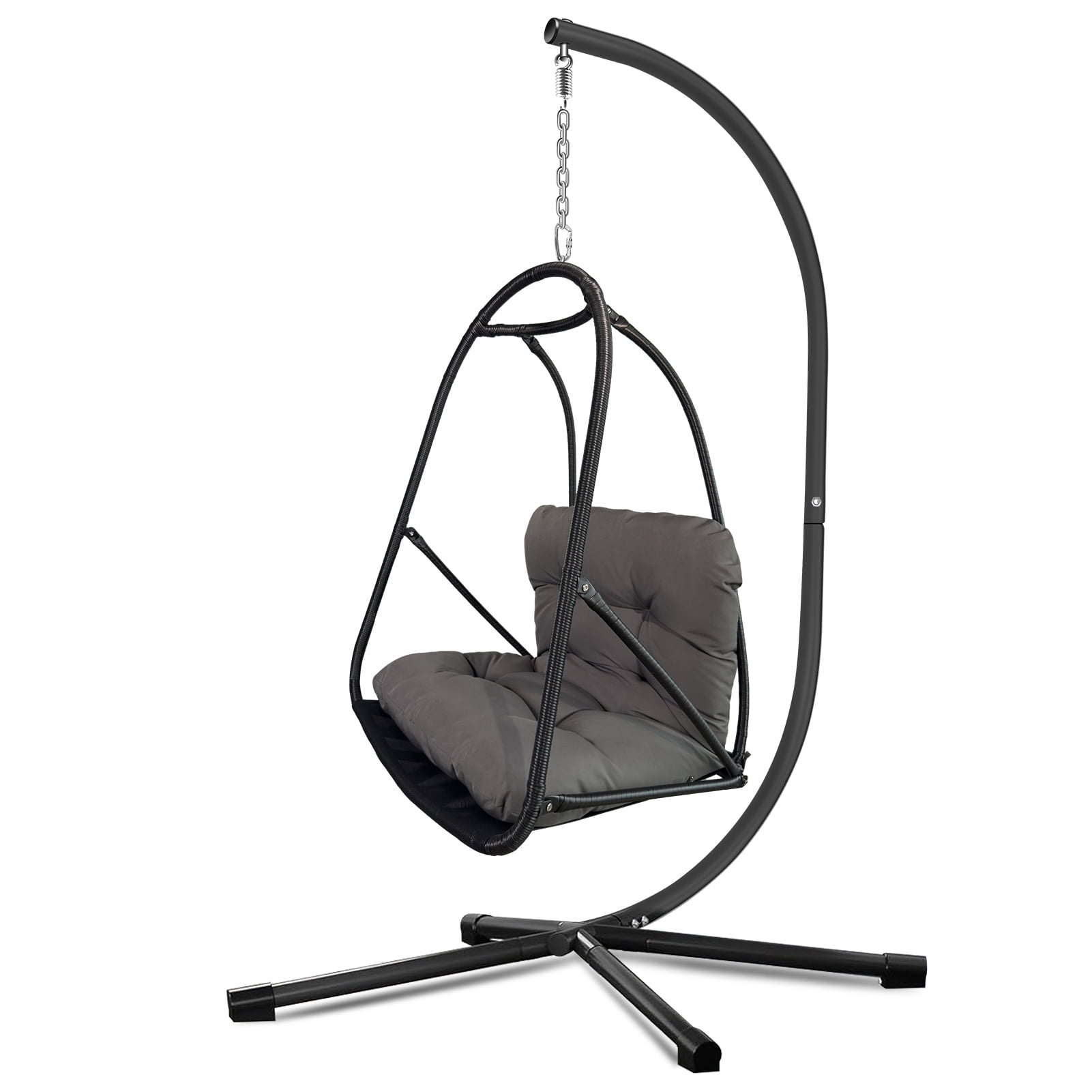 Swing Egg Chair with Stand, Wicker Rattan Hanging Chair with Cushion Pillow for Indoor Outdoor Patio Garden Balcony, Black Dark Brown