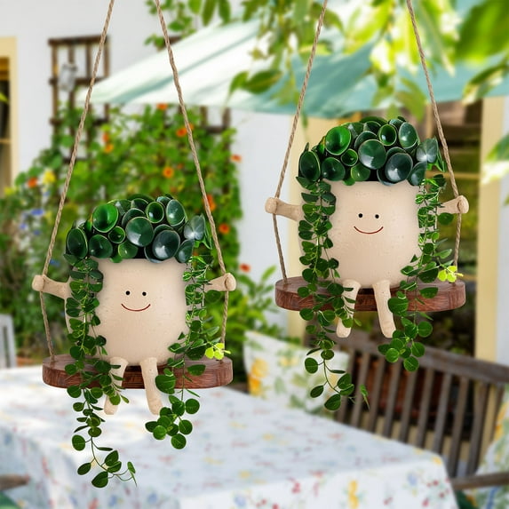 Swing Face Planter Pot Hanging Planters for Indoor Outdoor Wall Plants with Drainage Cute Resin Flower Head Plant Pots for Succulent Cactus, Gifts for Mother Christmas (2 Pack)
