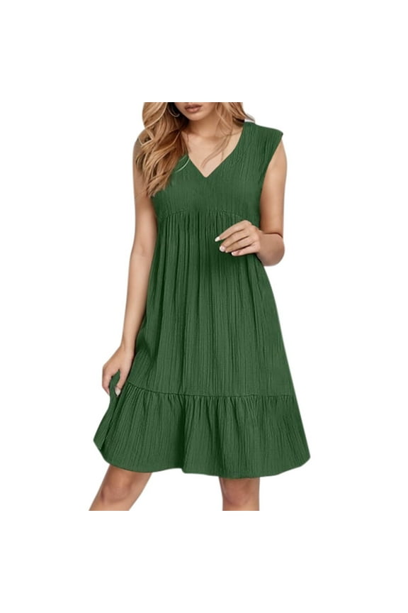 Loose Party Dresses for Women Plus Size V Neck Knee Length Sleeveless Dressy Shirt Dresses Ruffle Tiered Layered Cotton Linen Modest Beach Dresses Dark Green XL