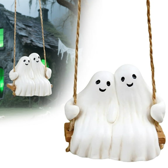 Swing Ghost Couple Garden Statue Outdoor Halloween Decor, Cute Ghost Figurine Resin Sculpture Funny Tree Hanging Ornaments for Patio Lawn Yard, 3.07x1.77x2.76"