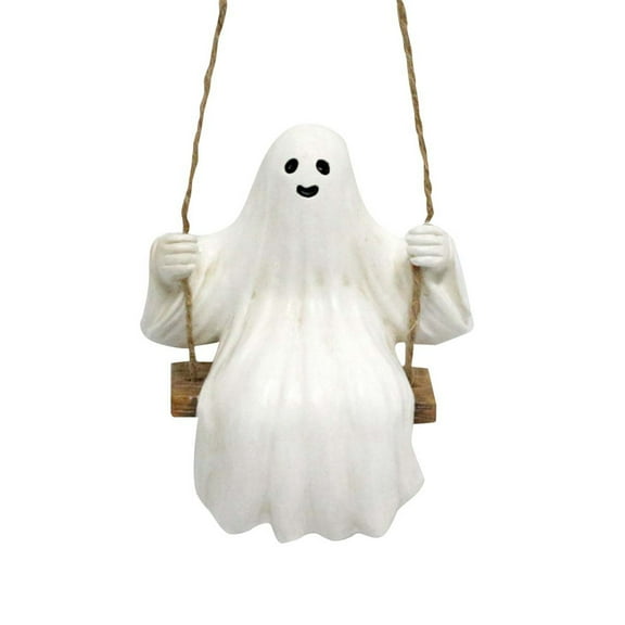 Swing Ghost Garden Statue - 3.4 Inch Cute Halloween Decor, Waterproof Resin Ghost Figurine, Funny Tree Hanging Ornaments for Patio Lawn Yard Outdoor Decoration