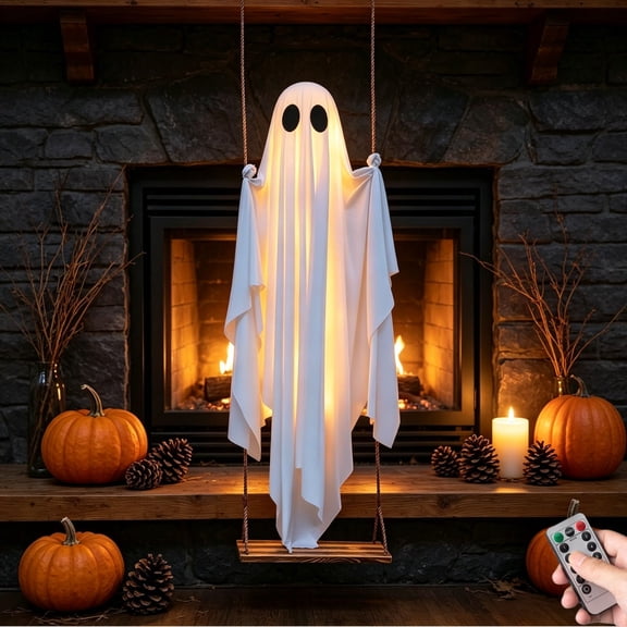 Swing Ghost with Remote Control String Lights & Upgraded Sheet, Scary Ghost Halloween Party Decor Outside for Tree Porch Yard Garden Lawn