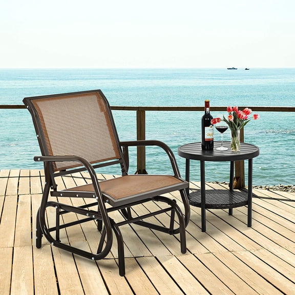 Swing Glider Chair with Sturdy Metal Frame, Comfortable Brown Love-Seat for Garden Backyard Poolside Lawn Outdoor Rocking Chair