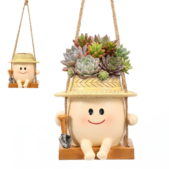 Swing Hanging Planter Pot with Smiling Face Design Resin Cute Swing Plant Holder Indoor Outdoor Decor Hanging Flower Pot for Succulent String of Pearl