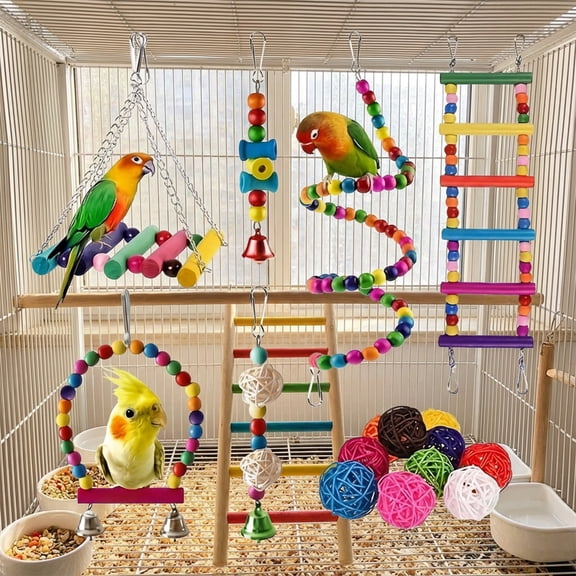 Swing Hanging Standing Chewing Toy Set, Hammock Climbing Ladder, Cage Colorful Toys, with Swings Blocks Colorful Bells and Ladders Natural Safe Birds Cage Accessories for Small Medium Birds
