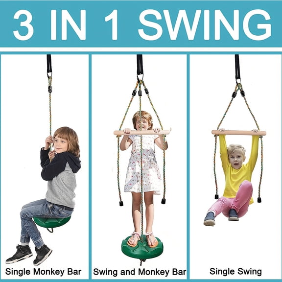 Swing for Kids Disc Swing Tree Swing Set Accessories Rope Swing Adjustable Swing Set with Monkey Bars 3in 1 Heavy Duty Swingset for Zipline Outdoor Backyard