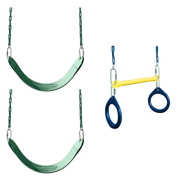 Swing-N-Slide Swing Set Bundle with 2 Green Swing Seats and Ring/Trapeze Bar Combo