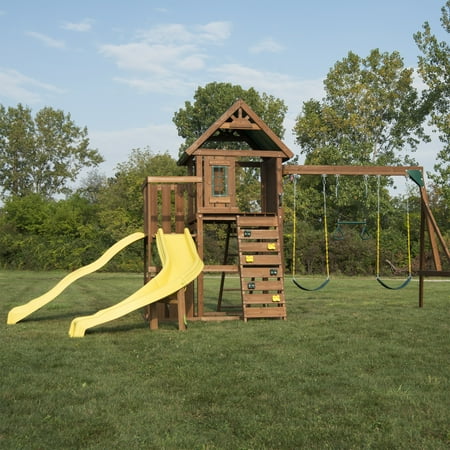 Swing-N-Slide Castlebrook Wooden Backyard Swing Set with Wave Slide, Curved Slide, Climbing Wall, and Swings