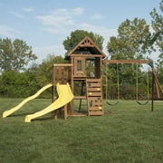 Swing-N-Slide Castlebrook Wooden Backyard Swing Set with Wave Slide, Curved Slide, Climbing Wall, and Swings