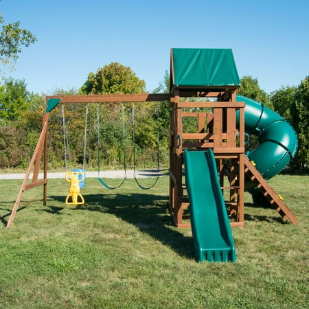 Swing-N-Slide Denali Tower Wooden Backyard Swing Set with Tube Slide, Wave Slide, Climbing wall, and Swings
