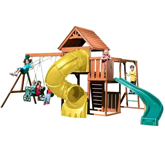Swing-N-Slide Grandview Twist Deluxe Backyard Swing Set with Tube Slide, Curved Slide, Wood Roof, Monkey Bars and Swings