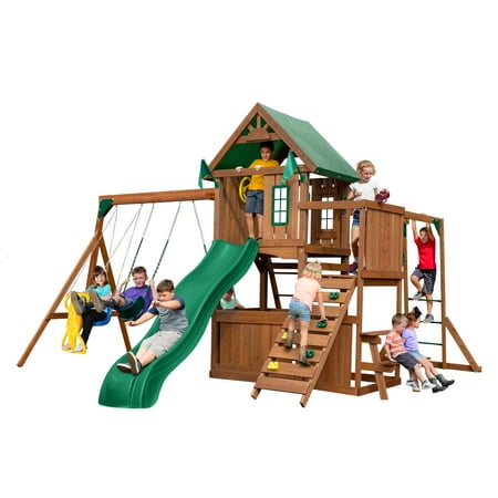 Swing-N-Slide Knightsbridge Plus Wooden Backyard Swing Set with Wave Slide, Monkey Bars, Built-In Picnic Table, Climbing Wall, and 3 Swings