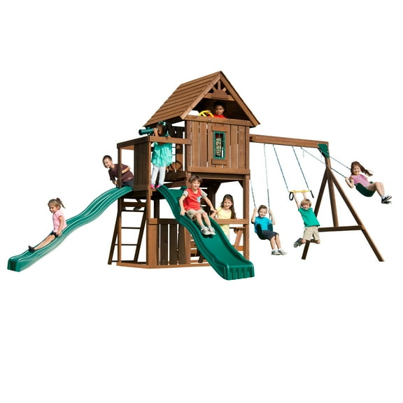 Swing-N-Slide Monteagle Wooden Backyard Swing Set with Two Wave Slides, Wood Roof, Climbing Wall, and Swings