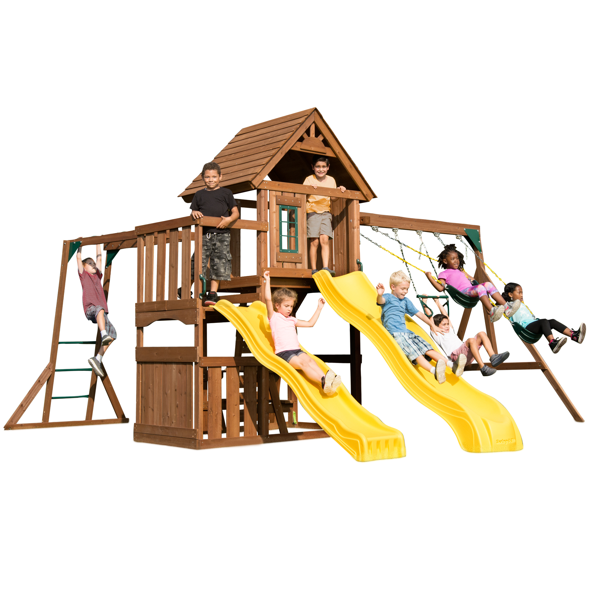 Swing-N-Slide Timberview Wooden Backyard Swing Set with Two Yellow Wave Slides, Wood Roof, Swings, and Monkey Bars - image 1 of 12
