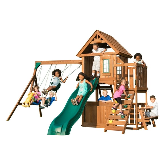 Swing-N-Slide Tioga Fort Wooden Backyard Swing Set with Wood Roof, Slide, Climbing Wall, and Swings