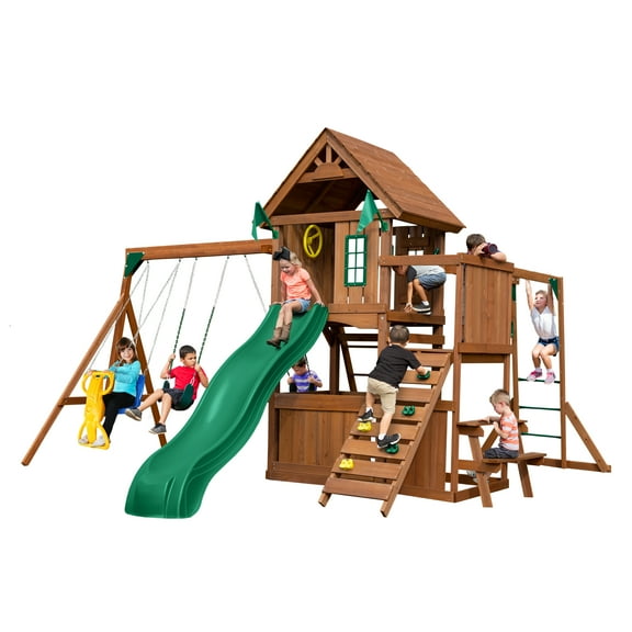 Swing-N-Slide WS 8352 Knightsbridge Ultimate Wood Backyard Swing Set with Monkey Bars, Slide, Wood Roof, Belted Swings, Glider Swing, and Rock Climbing Wall