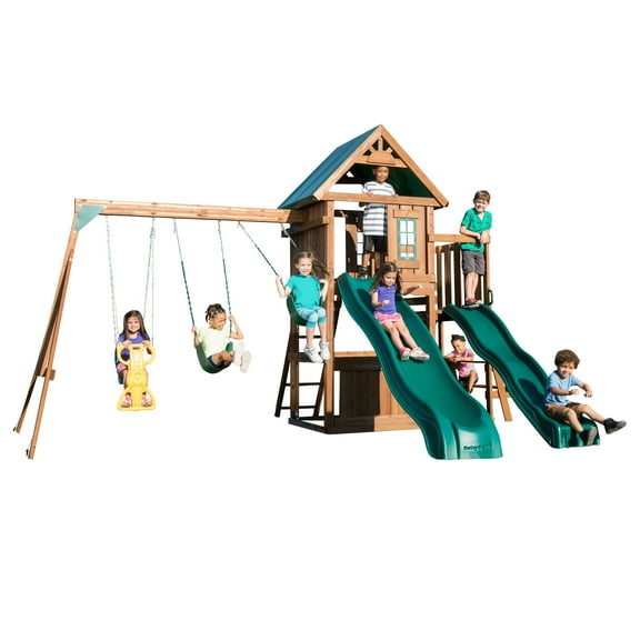 Swing-N-Slide Willows Peak Deluxe Wooden Backyard Swing Set with Two Wave Slides, Swings, and Climbing Wall
