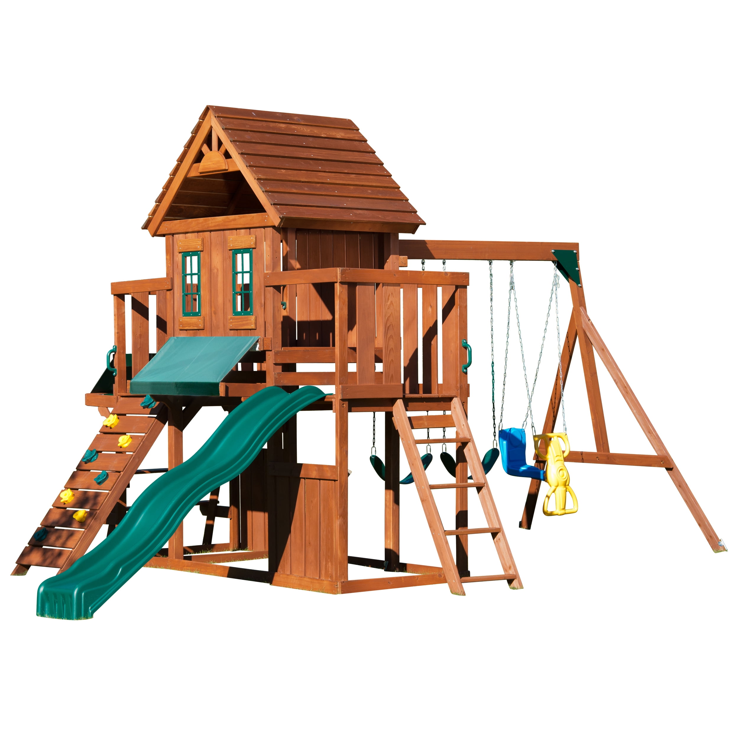 Swing-N-Slide Winchester Wooden Backyard Swing Set with Slide, Wood Roof, Climbing Wall, Swings, and Glider